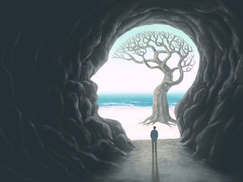 Man standing in a cave with a brain-shaped exit and horizon beyond
