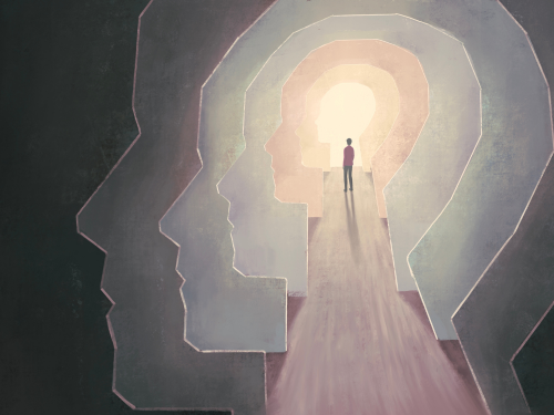 Illustration of figure climbing steps into a representation of the human mind, with a light illuminated inside