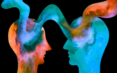 Illustration of two figures with abstract representation of thoughts flowing between them